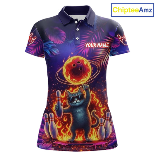 Custom Funny Cat Flame Bowling Shirt For Women, Personalized Tropical Bowling Jersey Polo & 1/4 Zip TDM6454