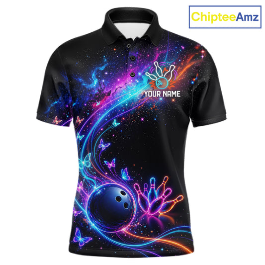 Personalized Galaxy Butterfly Bowling Shirt For Men Custom Bowling Jersey Team Polo & 1/4 Zip TDM6463