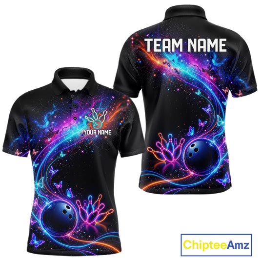 Personalized Galaxy Butterfly Bowling Shirt For Men Custom Bowling Jersey Team Polo & 1/4 Zip TDM6463