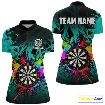 Turquoise funny dartboard quarter zip shirt for women built for darts tournaments and competitive play.