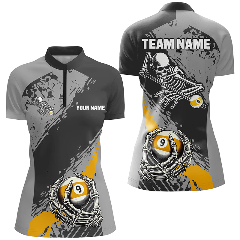 9 Ball Skeleton Custom Billiard Polo & 1/4 Zip Shirts For Women, Funny 9 Ball Pool Billiard Jerseys TDM2417