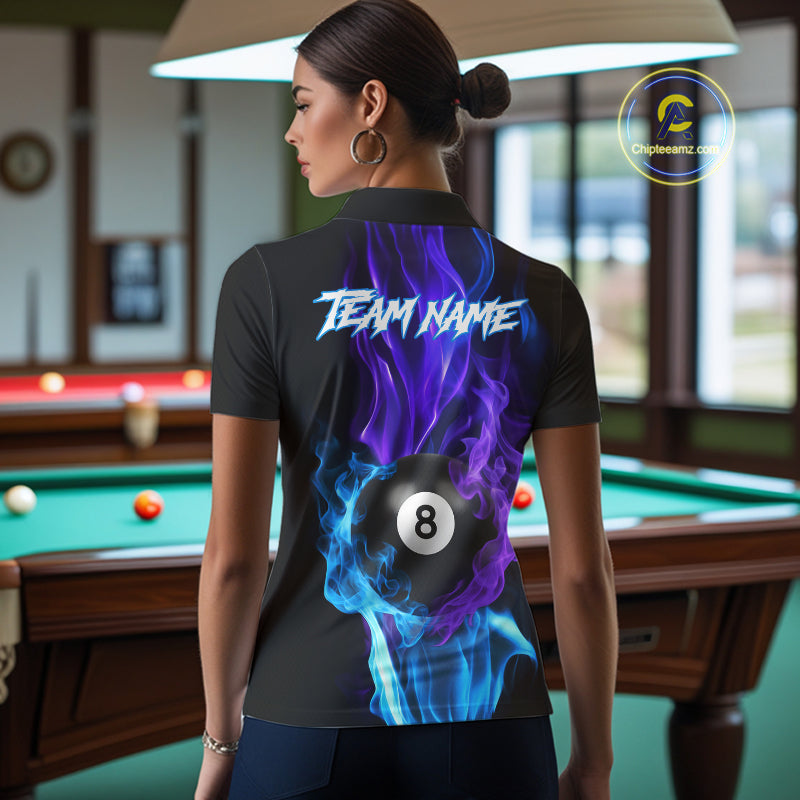 Purple Blue Flaming Smoke 8 Ball Billiard Shirts For Women, Pool Team Shirts Custom Billiard Jersey TDM5141