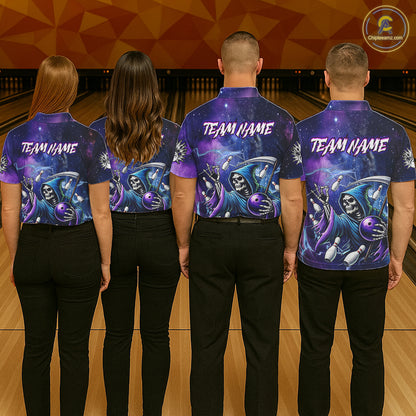 Funny Grim Reaper Blue Purple Galaxy Bowling Shirt For Men Custom Glowing Bowling Jersey Outfit TDM5862