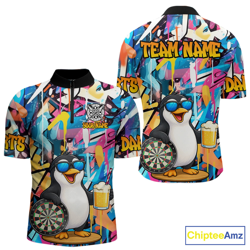 Funny Penguin Colorful Graffiti Darts Shirt For Men Custom Darts Team Jersey Polo & 1/4 Zip TDM6466