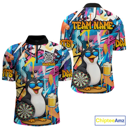 Funny Penguin Colorful Graffiti Darts Shirt For Men Custom Darts Team Jersey Polo & 1/4 Zip TDM6466