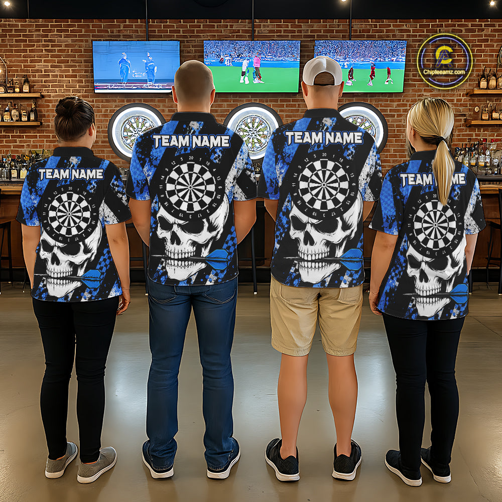 Back view of darts players wearing matching blue camo skull darts shirts at a competition venue.