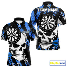 Load image into Gallery viewer, Blue camo stripes skull darts polo shirt for men with custom league team graphics.