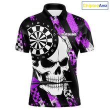 Load image into Gallery viewer, Purple camo stripes skull darts polo shirt for men with custom league team graphics.