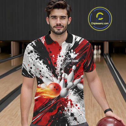 Man wearing a red splatter bowling polo shirt at a bowling alley front view.
