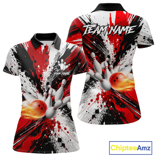 Red splatter bowling ball and pins bowling polo shirt for women with custom bowling team graphics.