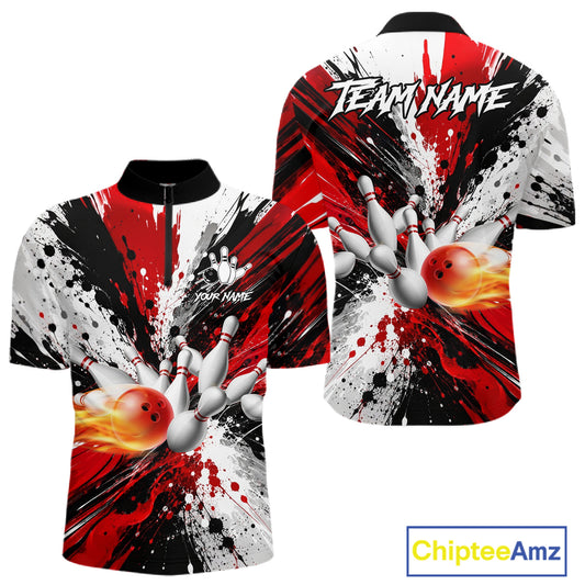 Red splatter bowling ball and pins bowling quarter zip shirt for men designed for league tournaments.