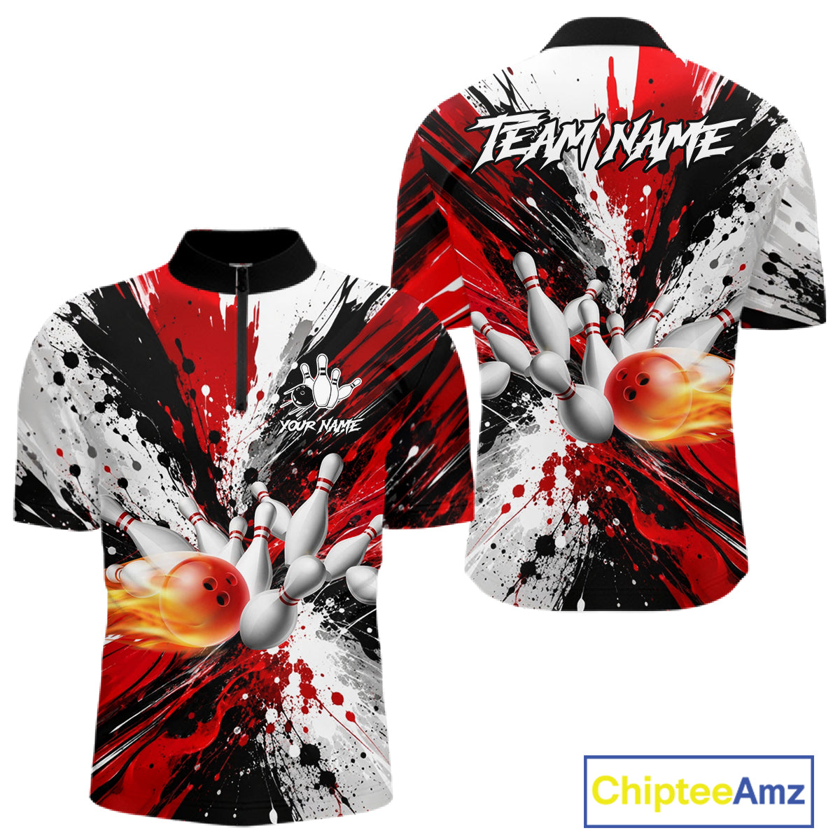 Red splatter bowling ball and pins bowling quarter zip shirt for men designed for league tournaments.