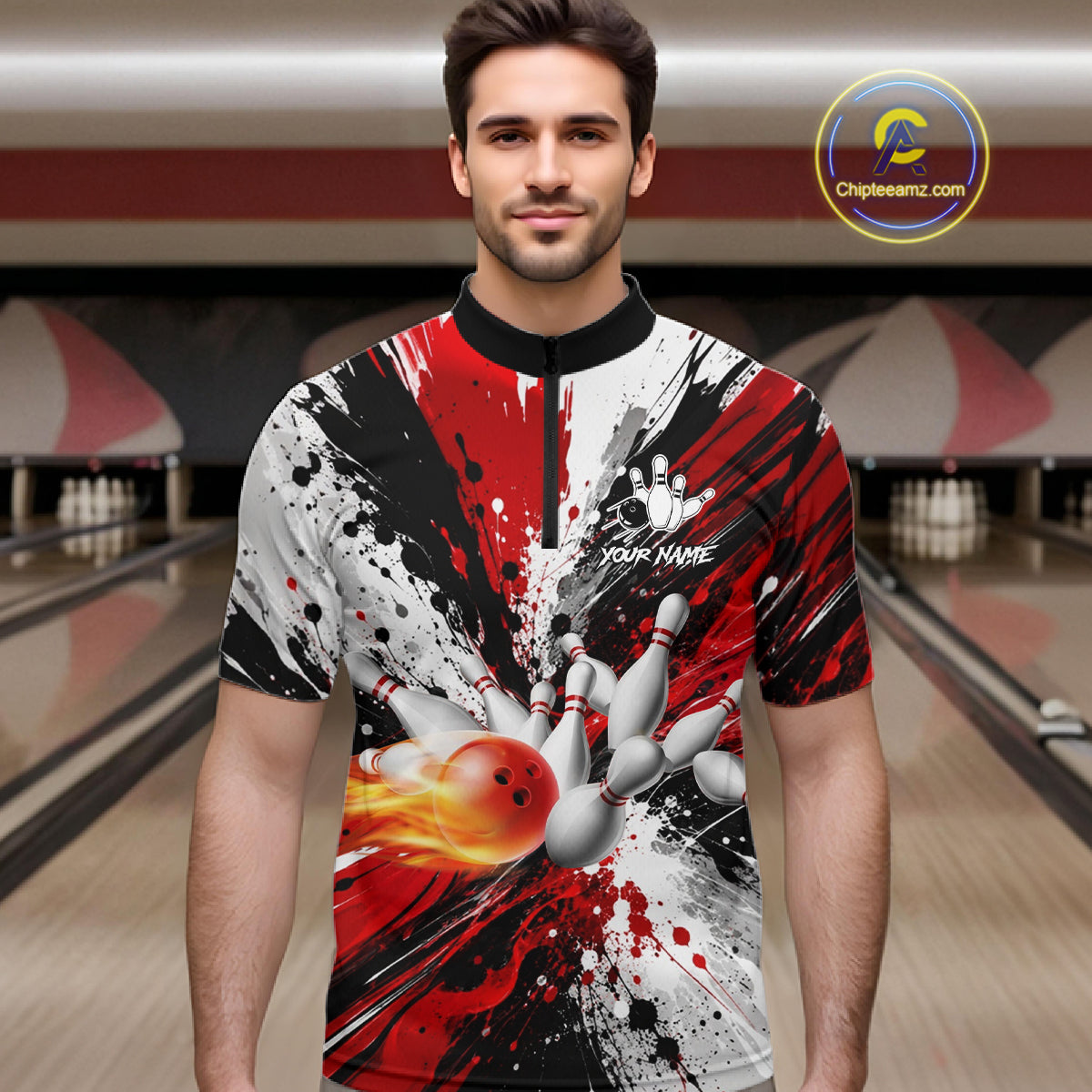 Man wearing a red splatter bowling quarter zip jersey during bowling league play front view.