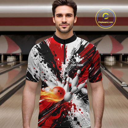 Man wearing a red splatter bowling quarter zip jersey during bowling league play front view.