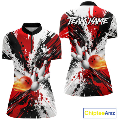 Red splatter bowling ball and pins bowling quarter zip shirt for women designed for league tournaments.