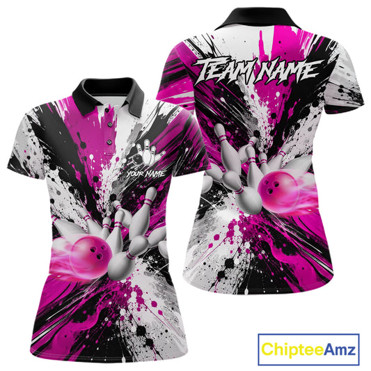 Pink splatter bowling ball and pins bowling polo shirt for women with custom league team graphics.