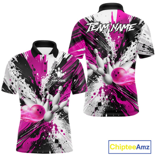 Pink splatter bowling ball and pins bowling polo shirt for men with custom league team graphics.