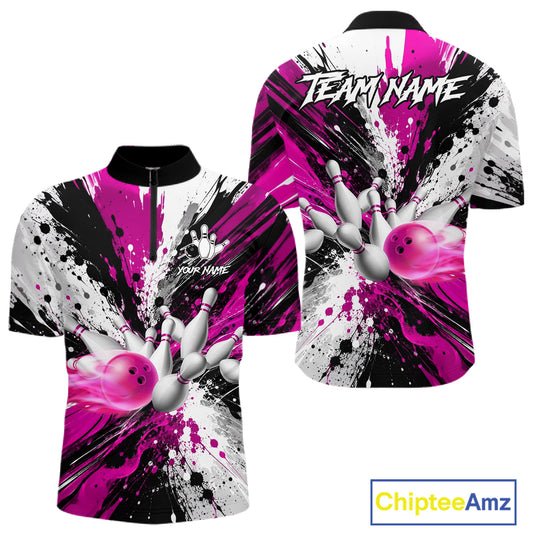 Pink splatter bowling ball and pins bowling quarter zip shirt for men built for tournaments and team events.