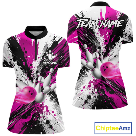 Pink splatter bowling ball and pins bowling quarter zip shirt for women built for tournaments and team events.