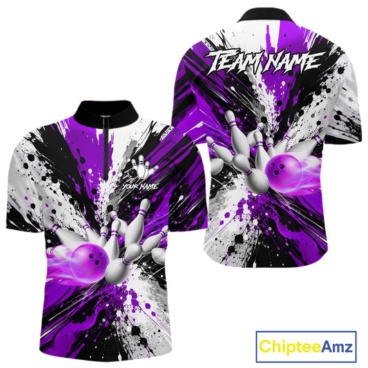 Purple splatter bowling ball and pins bowling quarter zip shirt for men designed for tournaments and league play.