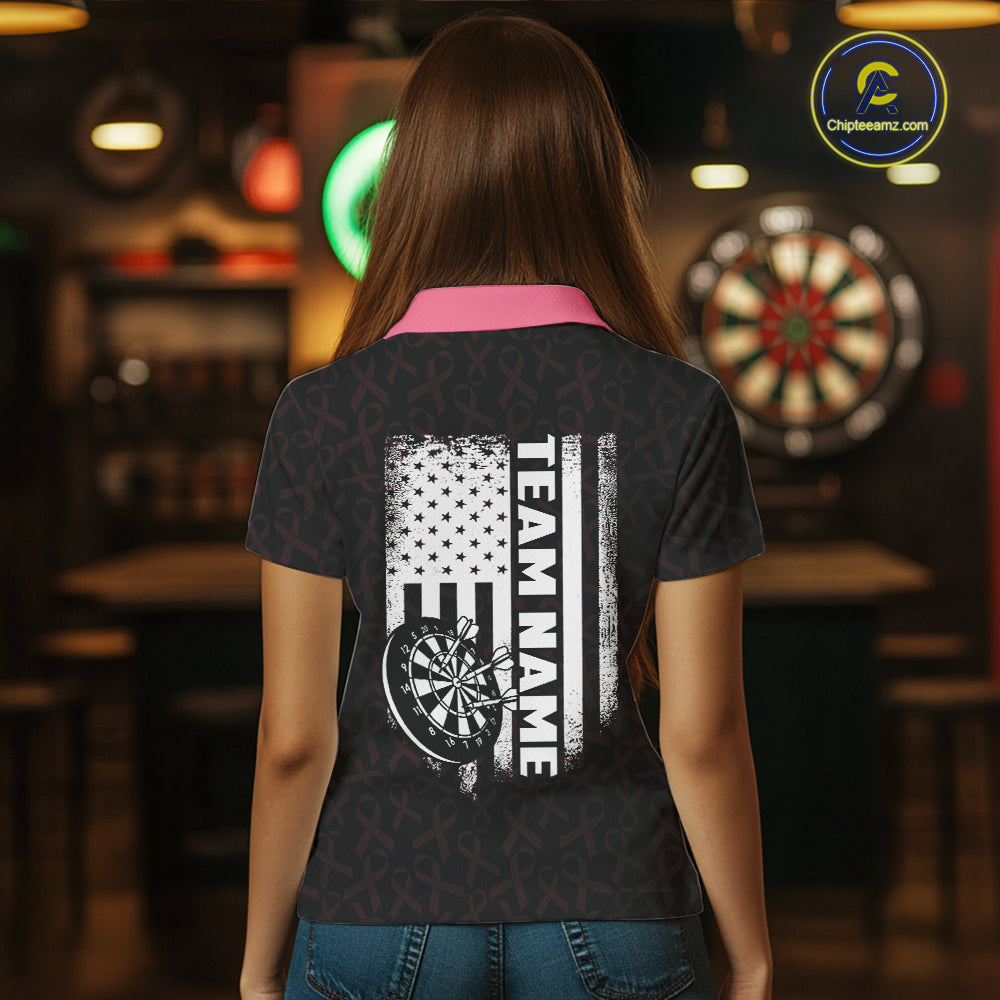 Woman Wearing Pink Ribbons American Flag Custom Breast Cancer Awareness Darts Team Jersey Featuring the Complete Rear Graphic Design, Back View