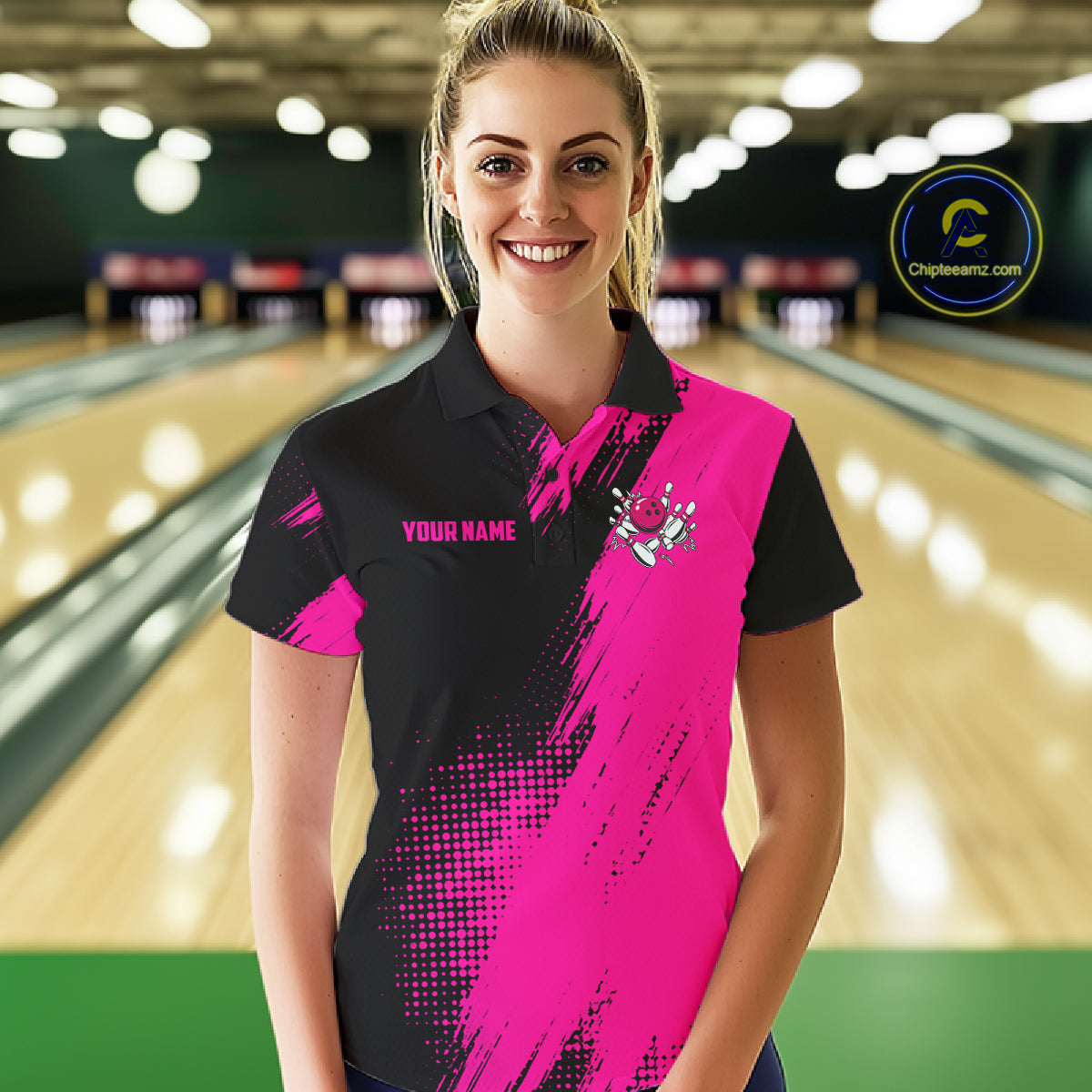 Female model wearing the Custom Pink and Black Strike Bowling polo shirt with vibrant pink and black bowling graphics, front view