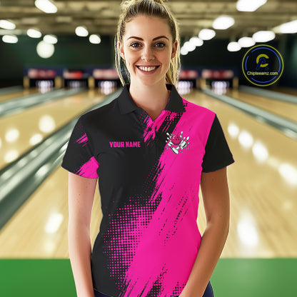 Female model wearing the Custom Pink and Black Strike Bowling polo shirt with vibrant pink and black bowling graphics, front view
