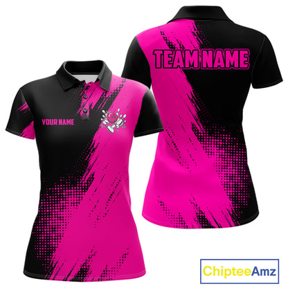 Custom Pink and Black Strike Bowling Shirt design featuring bold bowling pins, bowling ball graphics and vibrant pink and black colors on a custom polo bowling shirt for women