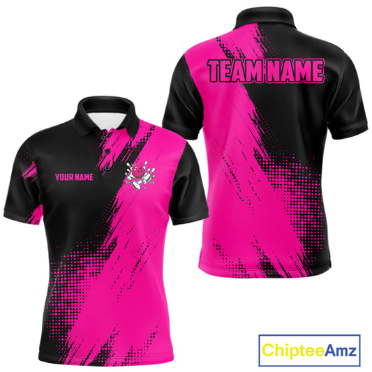 Custom Pink and Black Strike Bowling Shirt design featuring bold bowling pins, bowling ball graphics and vibrant pink and black colors on a custom polo bowling shirt for men