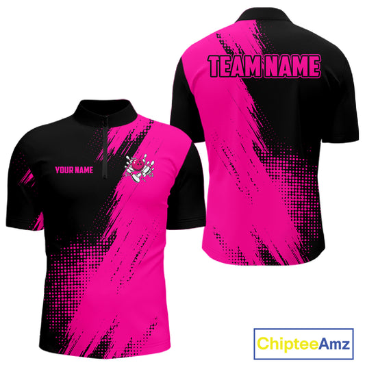 Custom Pink and Black Strike Bowling quarter zip bowling shirt design featuring bold bowling graphics in pink and black for men