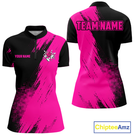Custom Pink and Black Strike Bowling quarter zip bowling shirt design featuring bold bowling graphics in pink and black for women