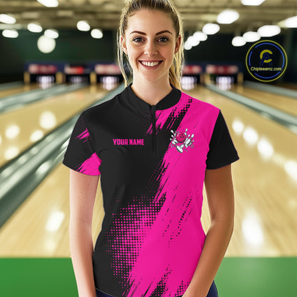 Female model wearing the Custom Pink and Black Strike Bowling quarter zip shirt featuring bold pink and black bowling artwork, front view