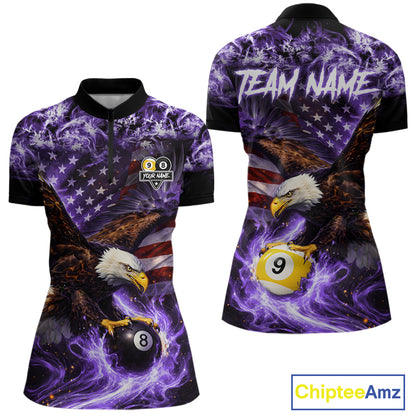 Purple Flaming Eagle 8 & 9 Ball Billiard Shirt For Women Custom US Flag Pool Jersey Polo, 1/4 Zip TDM6249