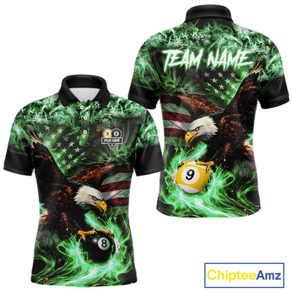 Green Flaming Eagle 8 & 9 Ball Billiard Shirt For Men Custom US Flag Pool Jersey Polo, 1/4 Zip TDM6250
