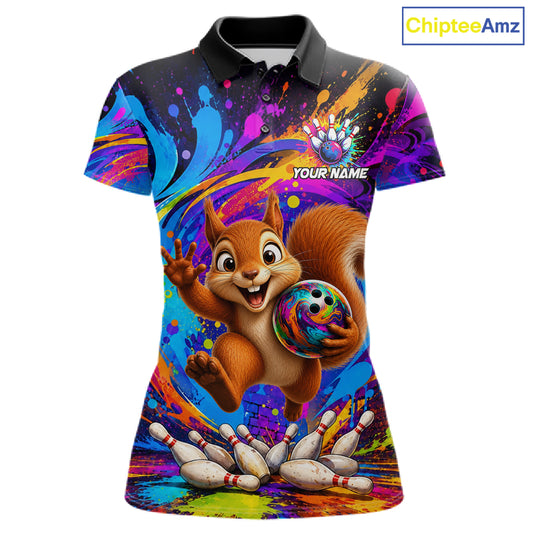Funny pizza colorful bowling team jersey polo shirt for women featuring a fun pizza bowling design, premium custom bowling league apparel and best bowling gifts.