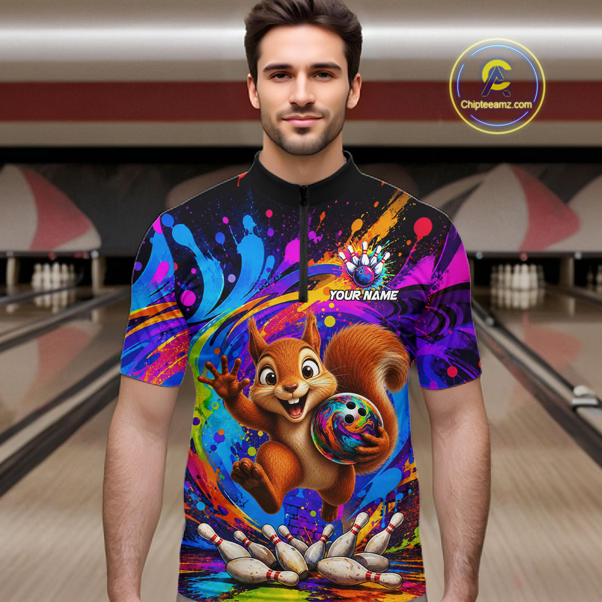 Man wearing funny squirrel colorful bowling team jersey quarter zip shirt featuring funny squirrel bowling artwork, front view.