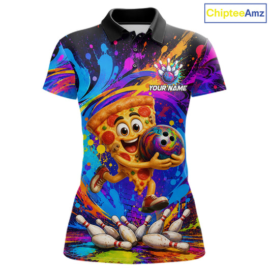 Funny pizza colorful bowling team jersey polo shirt for women featuring a fun pizza bowling design, premium custom bowling league apparel and best bowling gifts.