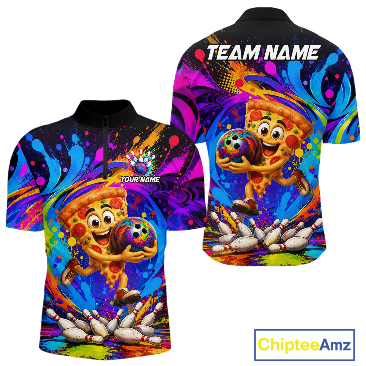 Funny pizza colorful bowling team jersey quarter zip shirt for men featuring colorful pizza bowling artwork, premium custom bowling apparel.