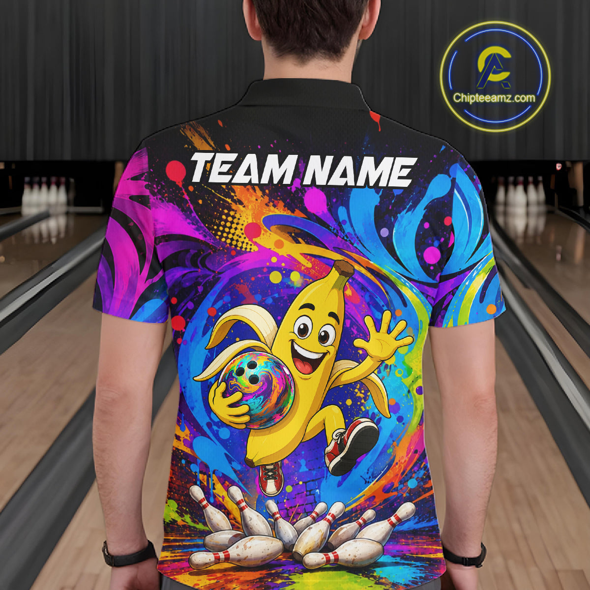 Man wearing funny banana colorful bowling team jersey polo shirt featuring funny banana bowling artwork, back view.