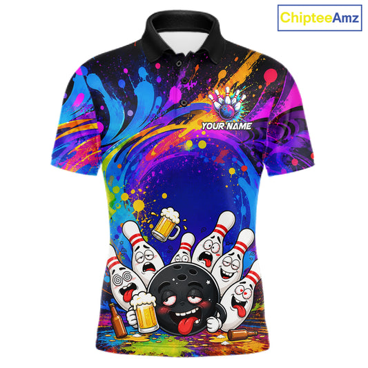 Funny drunk bowling pins colorful bowling team jersey polo shirt for men featuring hilarious drunk bowling pins artwork, premium custom bowling league apparel and unique bowling gifts.