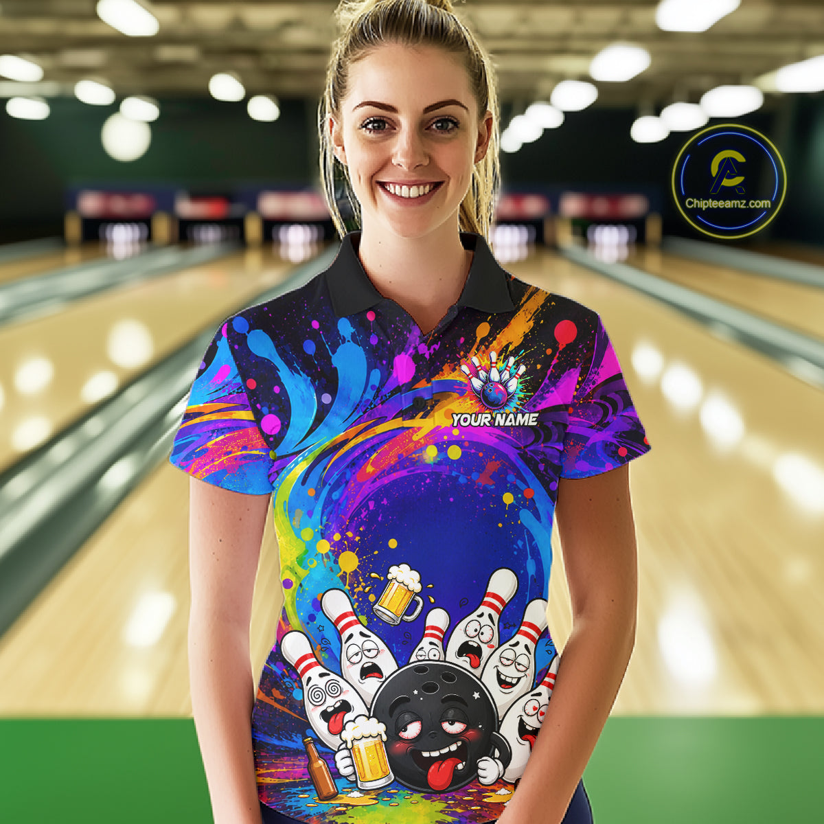 Woman wearing funny drunk bowling pins colorful bowling team jersey polo shirt featuring colorful drunk bowling pins artwork, front view.