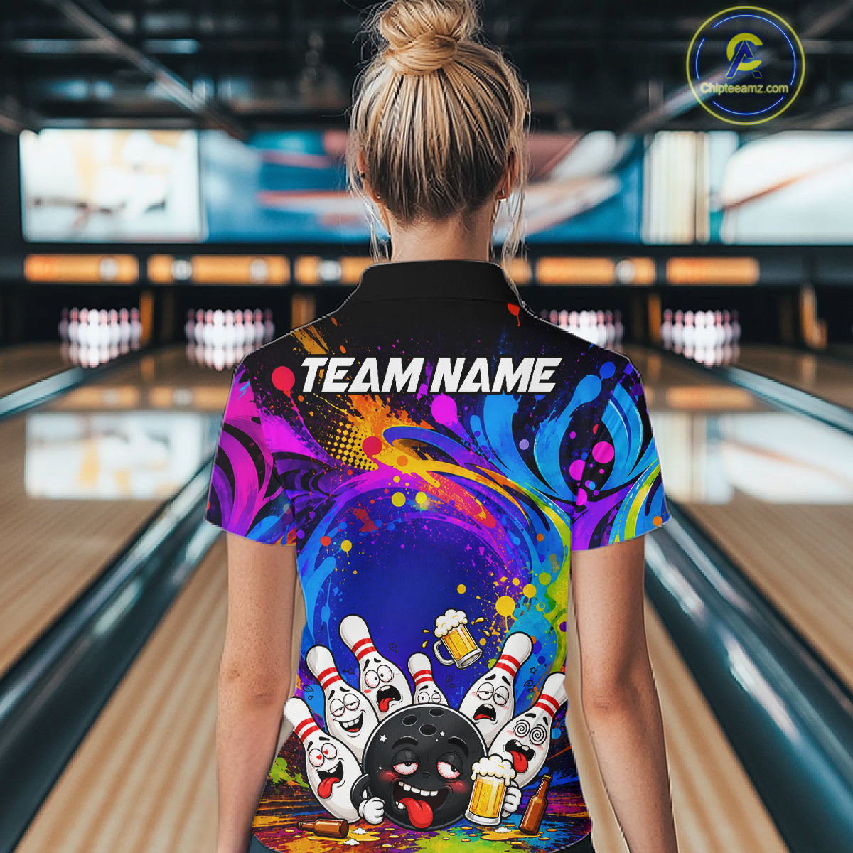 Woman wearing funny drunk bowling pins colorful bowling team jersey polo shirt featuring colorful drunk bowling pins artwork, back view.