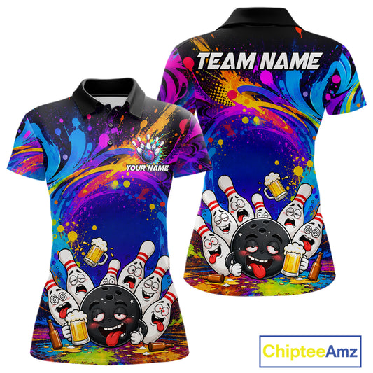 Funny drunk bowling pins colorful bowling team jersey polo shirt for women featuring hilarious drunk bowling pins artwork, premium custom bowling league apparel and unique bowling gifts.
