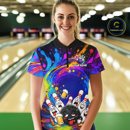 Woman wearing funny drunk bowling pins colorful bowling team jersey quarter zip shirt featuring colorful drunk bowling pins artwork, front view.