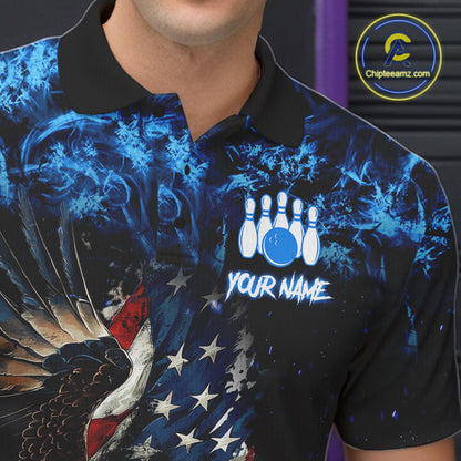 Close-up of blue flame American flag eagle bowling team jersey polo shirt featuring collar, buttons and patriotic eagle American flag artwork.