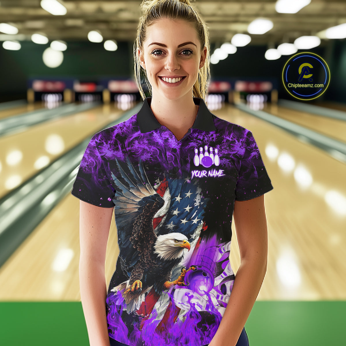 Woman wearing purple flame American flag eagle bowling team jersey polo shirt featuring patriotic eagle and American flag artwork, front view.