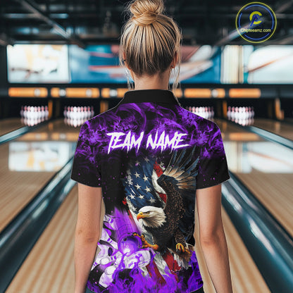 Woman wearing purple flame American flag eagle bowling team jersey polo shirt featuring patriotic eagle and American flag artwork, back view.