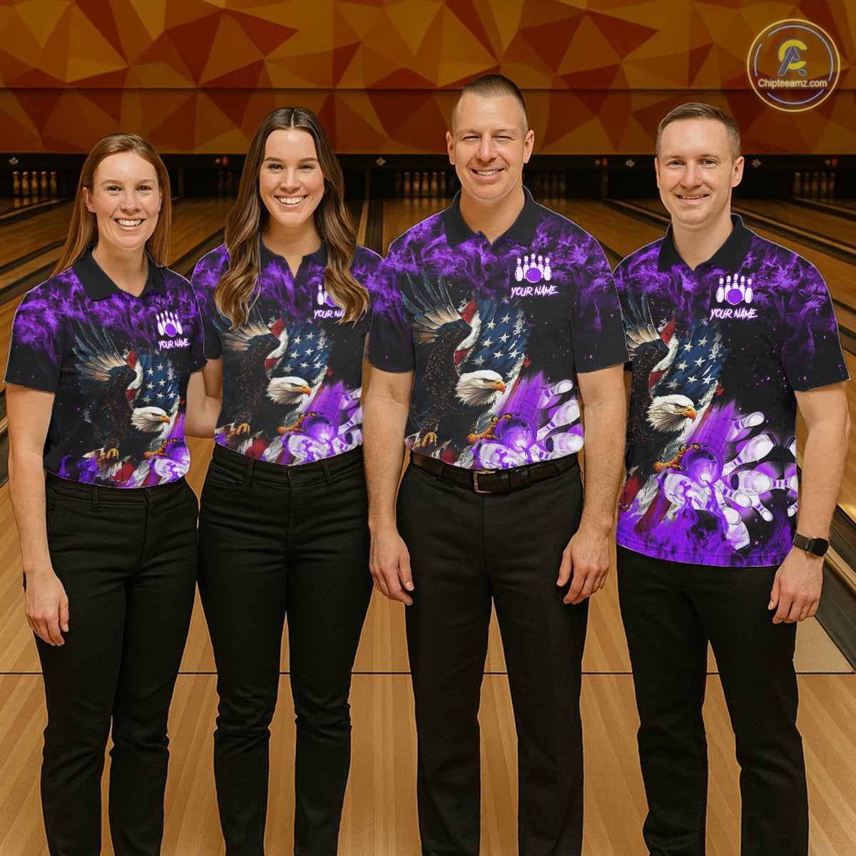 Bowling team wearing matching purple flame American flag eagle bowling team jerseys, front view.