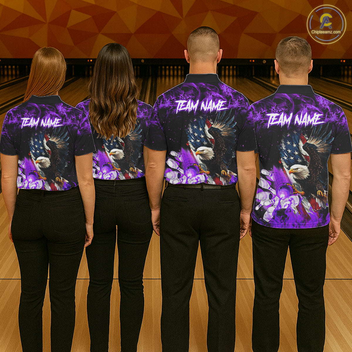 Bowling team wearing matching purple flame American flag eagle bowling team jerseys, back view.