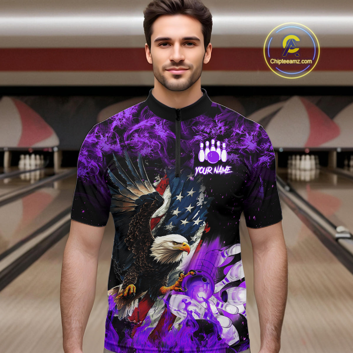 Man wearing purple flame American flag eagle bowling team jersey quarter zip shirt featuring patriotic eagle and American flag artwork, front view.